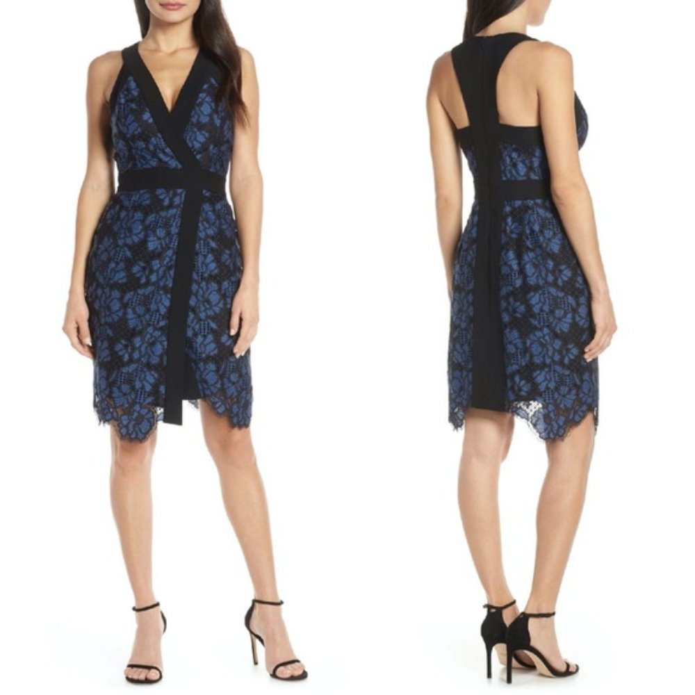 NWT Harlyn Two-Tone Blue/Black Floral Lace Surplice Cocktail Dress Size Medium